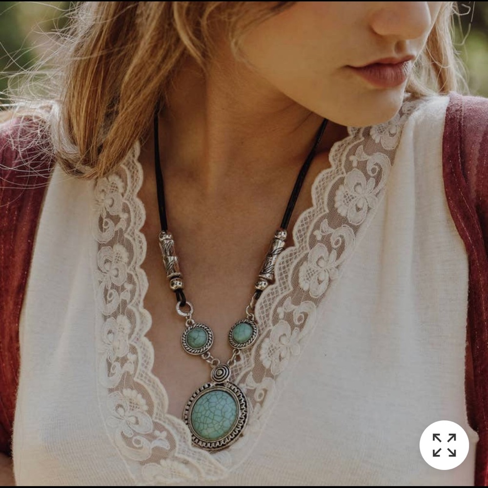 New Faux Turquoise and Silver Pendant Black Corded Necklace Bohemian Western
JC